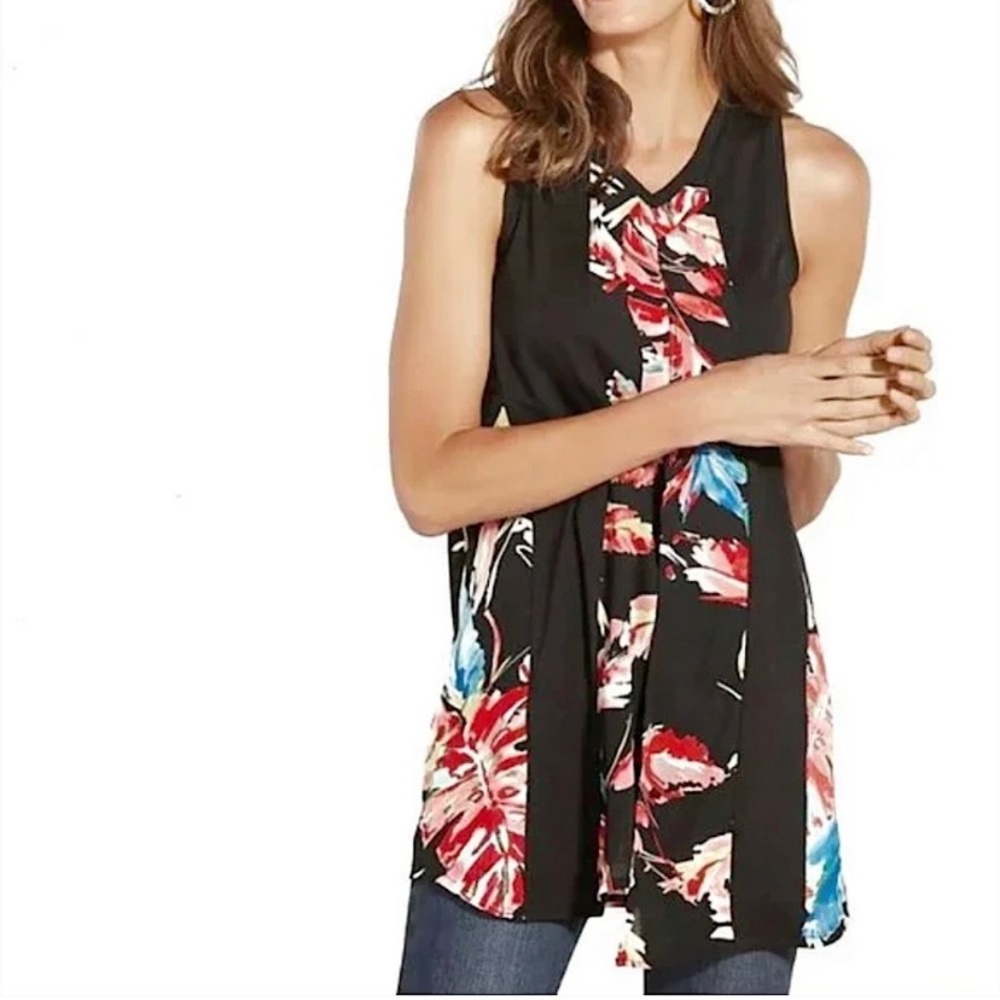 ⭐️ Soft Surroundings Makani Tank Tunic Black Floral Split Front Sleeveless Top